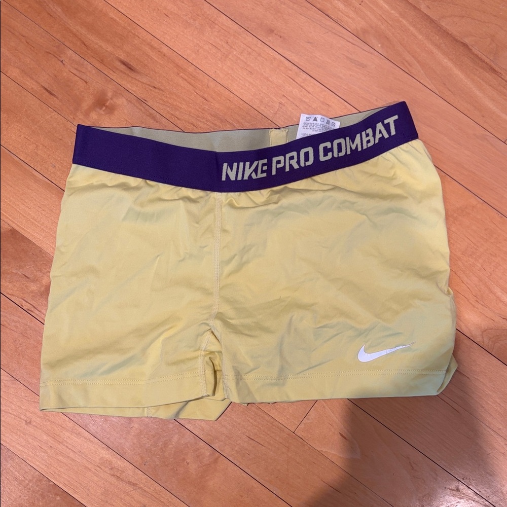 Nike Yellow Women's Pro Combat Compression Shorts with Purple Waistband